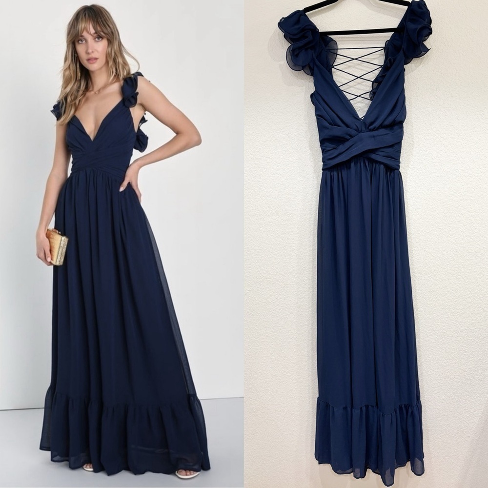 Size S - Lulus Soiree Celebration‎ Navy Blue Ruffled Lace-Up Maxi Dress